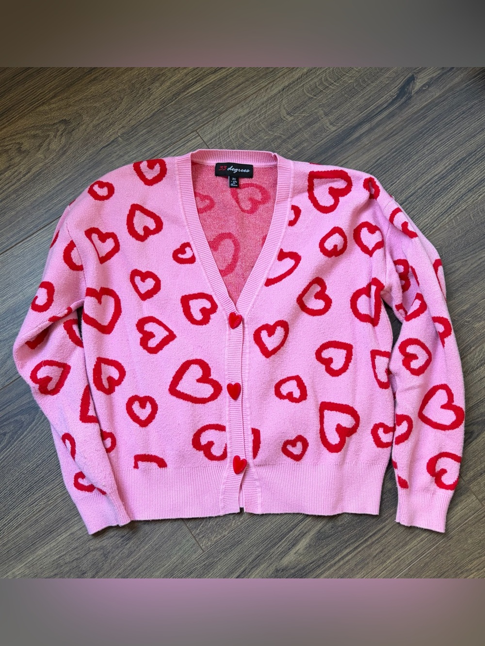 32 Degrees Pink Cardigan with Red Heart Motif Women’s Youthful Button-up - XS